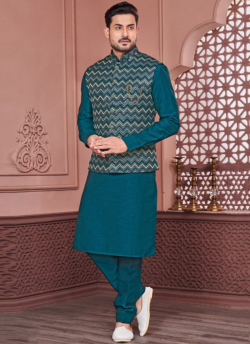 Rama Green Art Silk Embroidered Bandi Set Party Wear