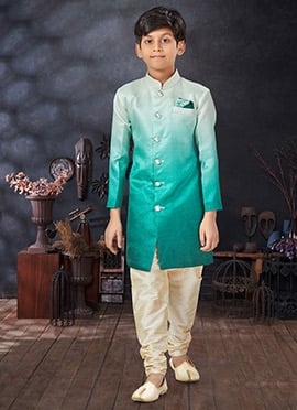 Rama Green Art Silk Kids Boys Indowestern Sherwani