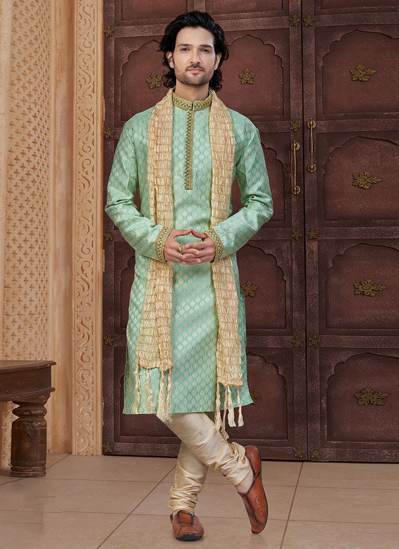 Rama Green Banarasi Jacquard Silk Kurta Pyjama Festive Wear