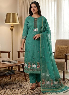 Rama Green Banarasi Jamdani Pichwai Weaving Straight Pant Suit