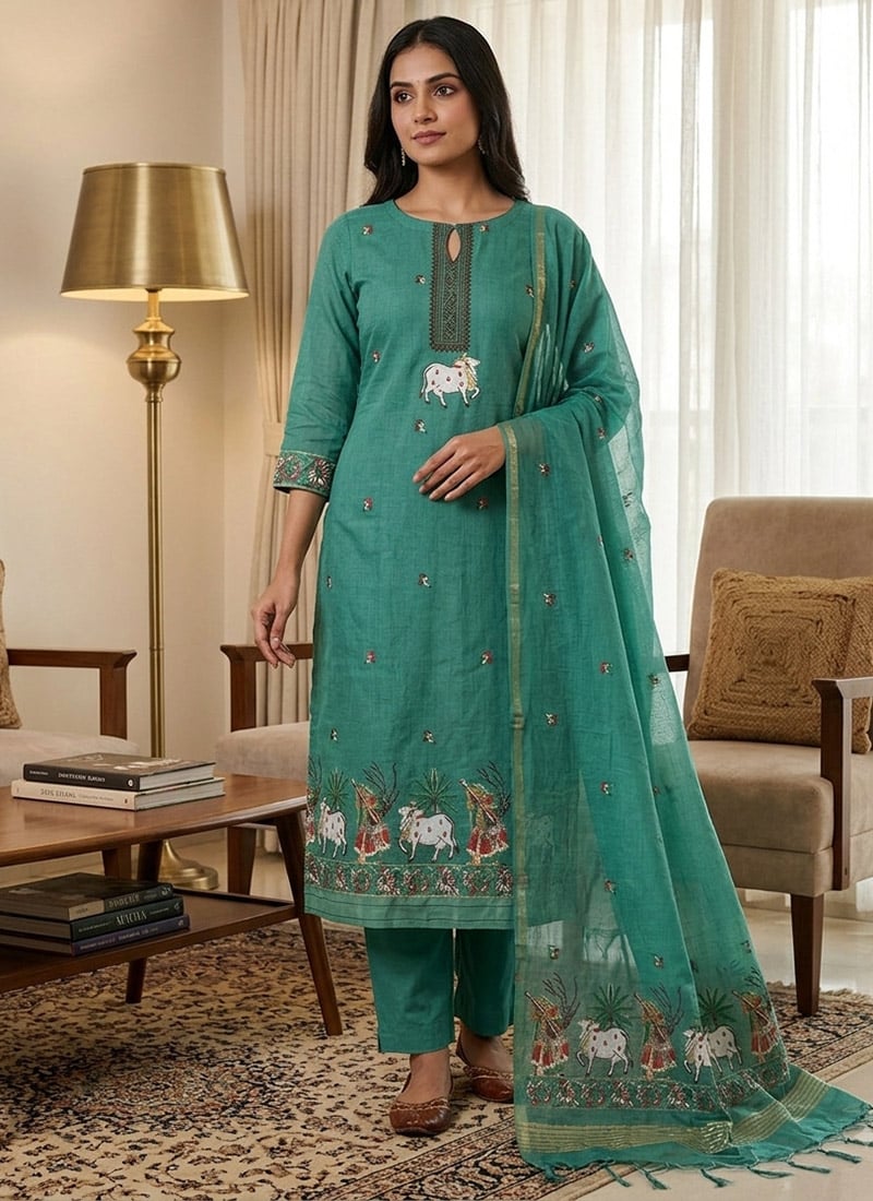Rama Green Banarasi Jamdani Pichwai Weaving Straight Pant Suit Leisure Wear