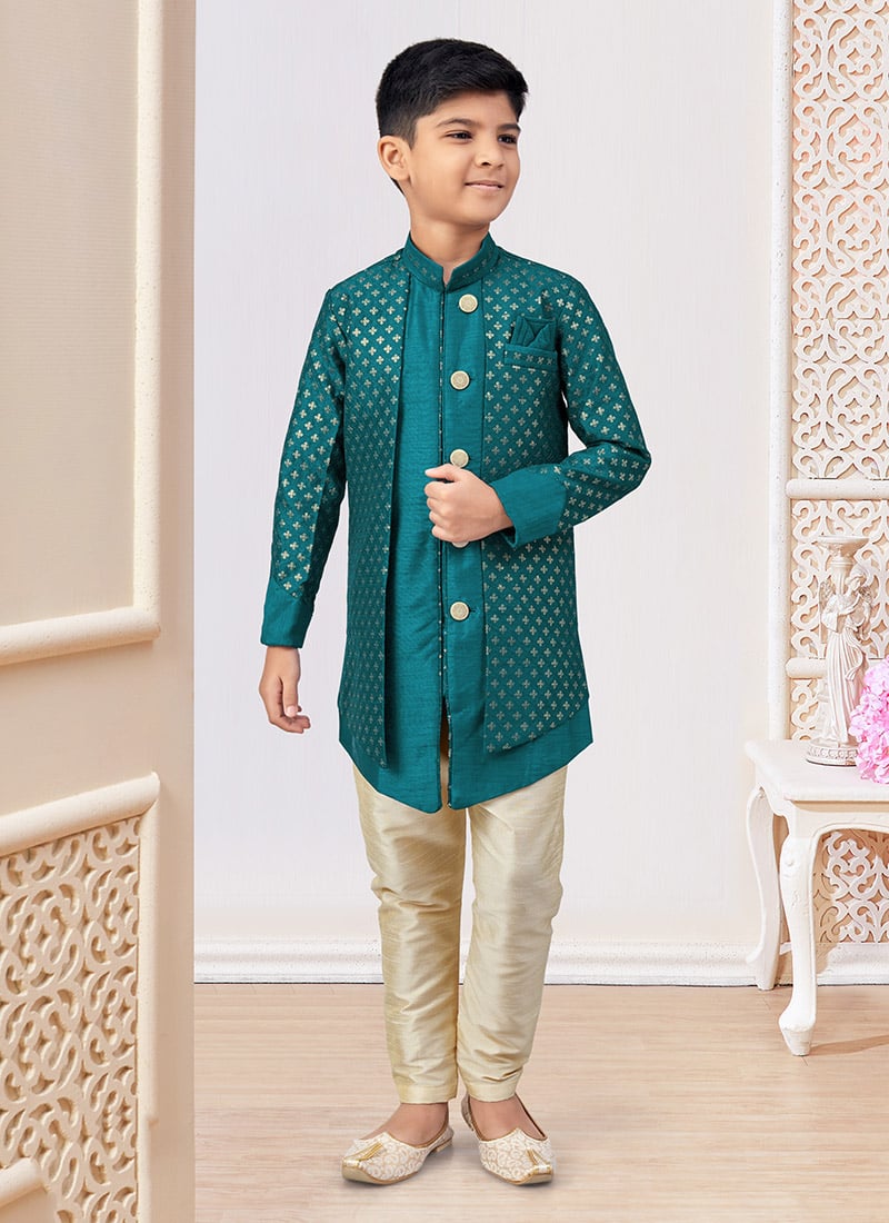 Rama Green Banarasi Silk Embroidered Sequins Boys Indowestern Sherwani Wedding Wear