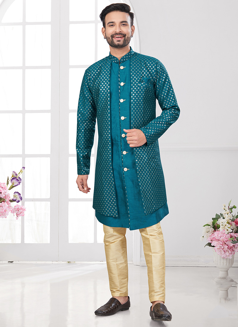 Rama Green Banarasi Silk Embroidered Sequins Indowestern Sherwani