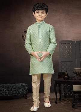 Rama Green Banarasi Silk Jacquard Thread Lace Work Kids Boys Kurta Pyjama