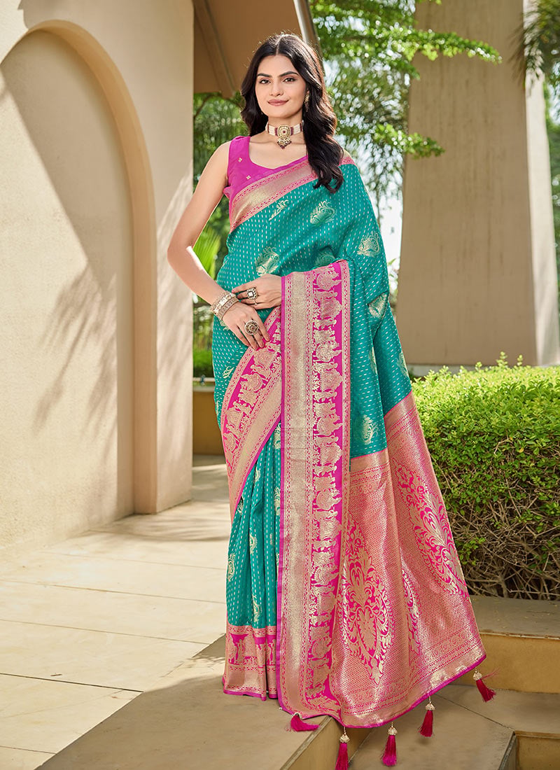 Rama Green Banarasi Silk Jacquard Woven Saree Festive Wear