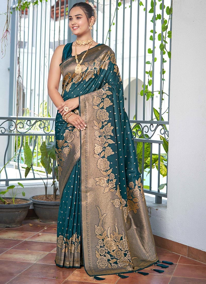 Rama Green Zari Banarasi Silk Saree Festive Wear
