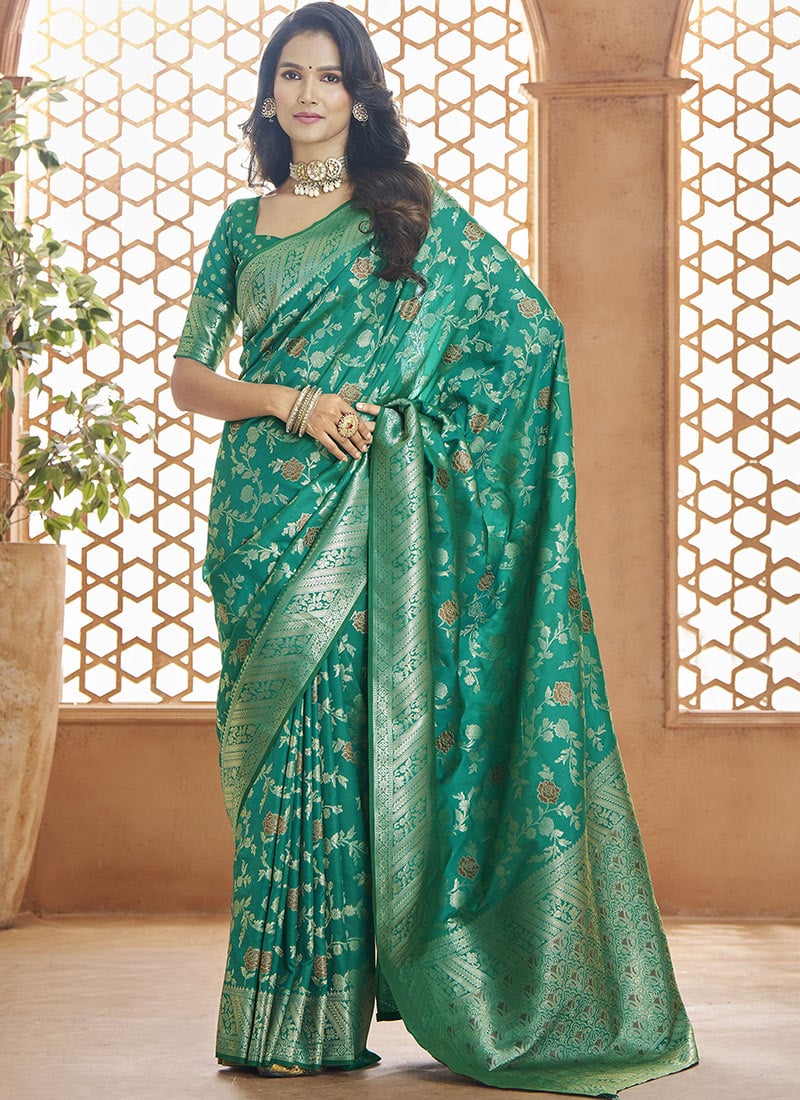 Rama Green Banarasi Silk Zari Work Saree  Festive Wear