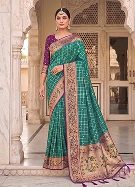 Rama Green Banrasi Silk Zari Woven Saree