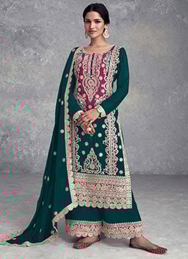 Rama Green Chinon Embroidered Sequins Gota Work Palazzo Suit Beauty