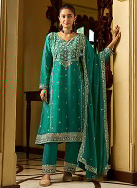 Rama Green Chinon Silk Zari Embroidered Sequins Straight Pant Suit