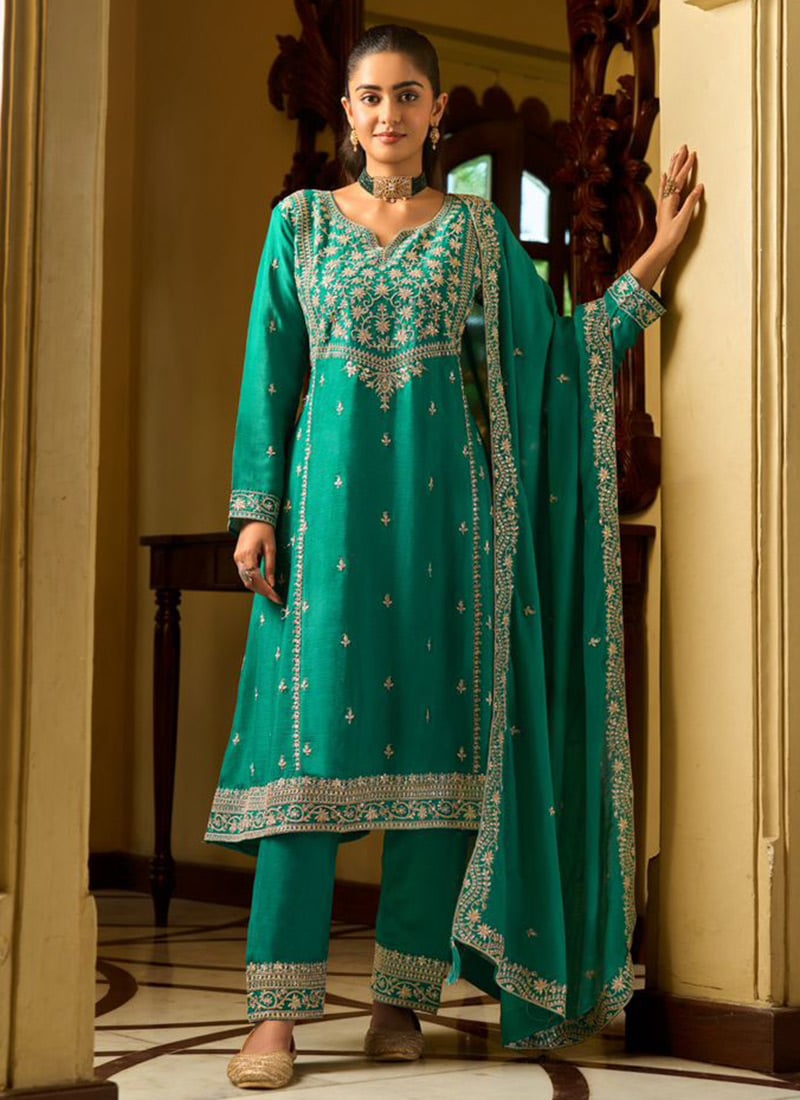 Rama Green Chinon Silk Zari Embroidered Sequins Straight Pant Suit Festive Wear
