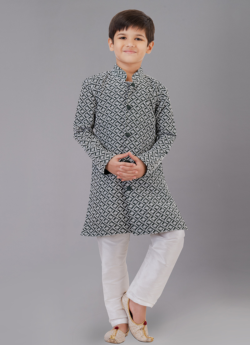 Rama Green Cotton Silk Embroidery Kurta Pyjama Party Wear