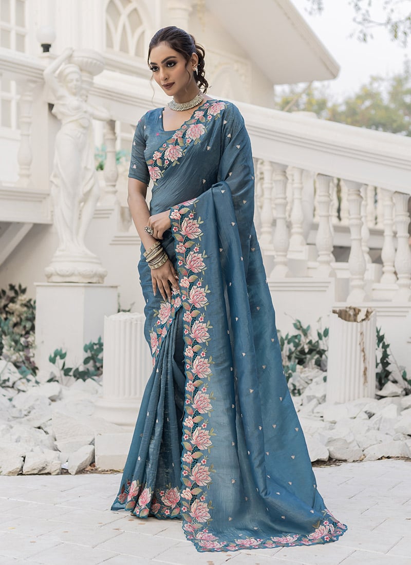 Rama Green Crush Silk Embroidered Cut Work Saree Festive Wear