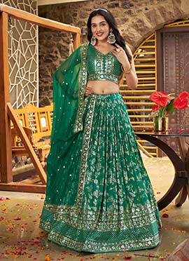 Rama Green Dola Silk Jacquard Zari Embroidered Sequins Lehenga Wedding Wear