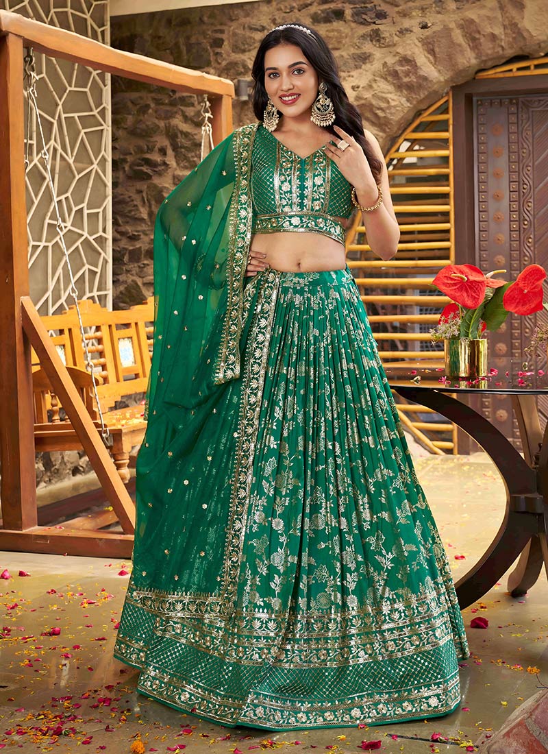 Rama Green Dola Silk Jacquard Zari Embroidered Sequins Lehenga