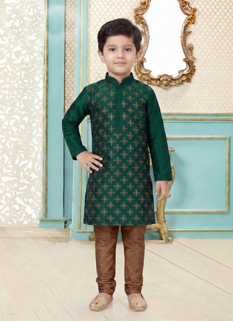 Kids Boys Dark Green Dupion Silk Embroidered Kids Boys Kurta Pyjama Festive Wear