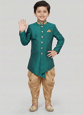 Rama Green Dupion Silk Kids Boys Indowestern Sherwani