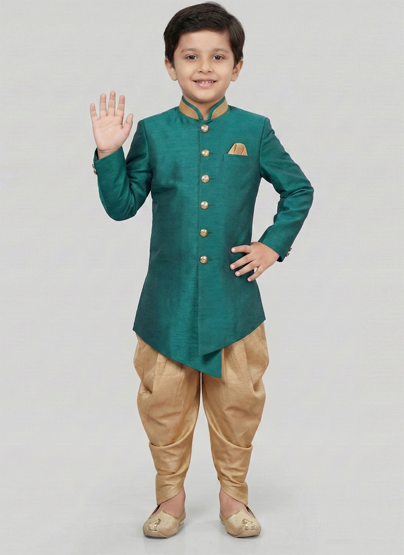 Rama Green Dupion Silk Kids Boys Indowestern Sherwani Festive Wear