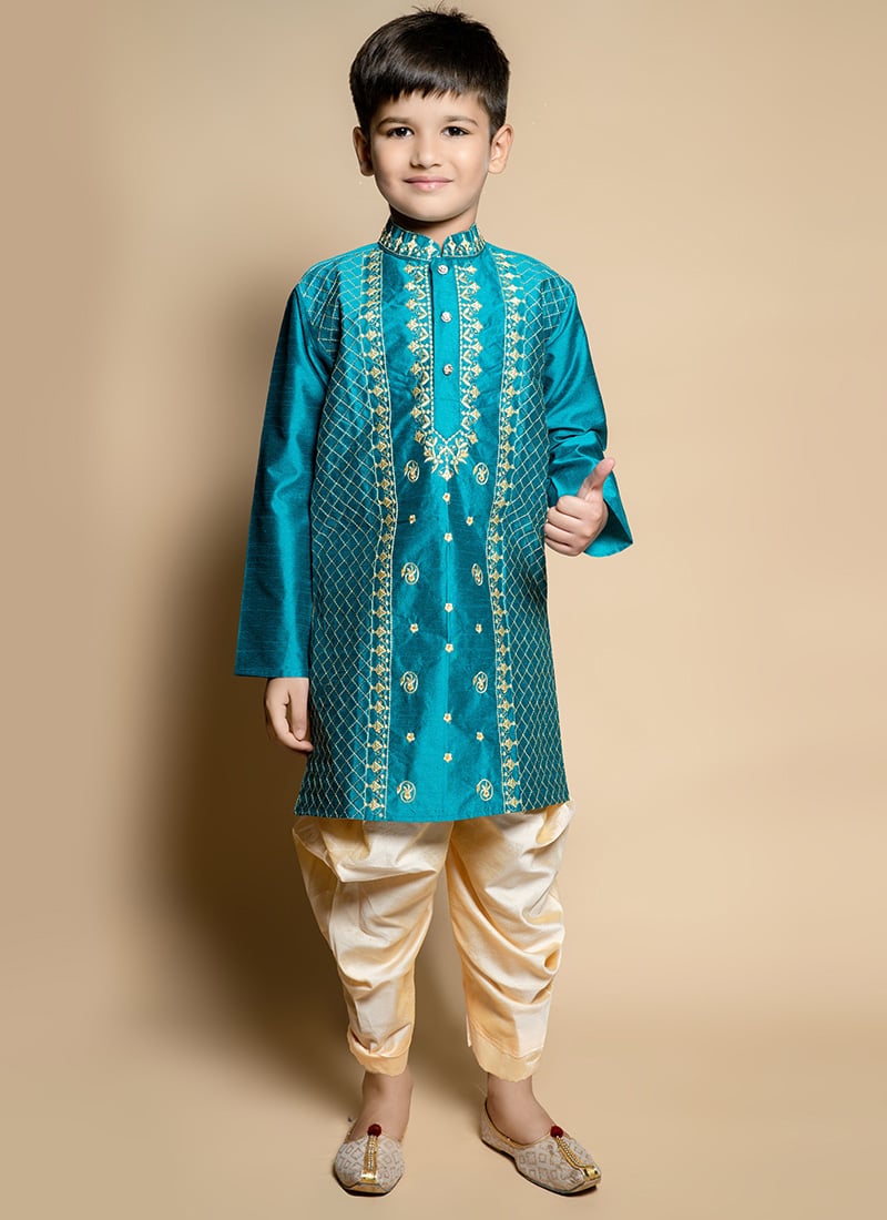 Rama Green Embroidered Dupion Silk Kids Dhoti Style Kurta Pyjama Party Wear