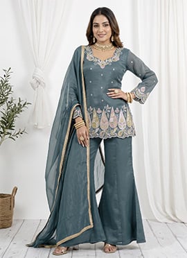 Rama Green Embroidered Zari Silk Palazzo Suit