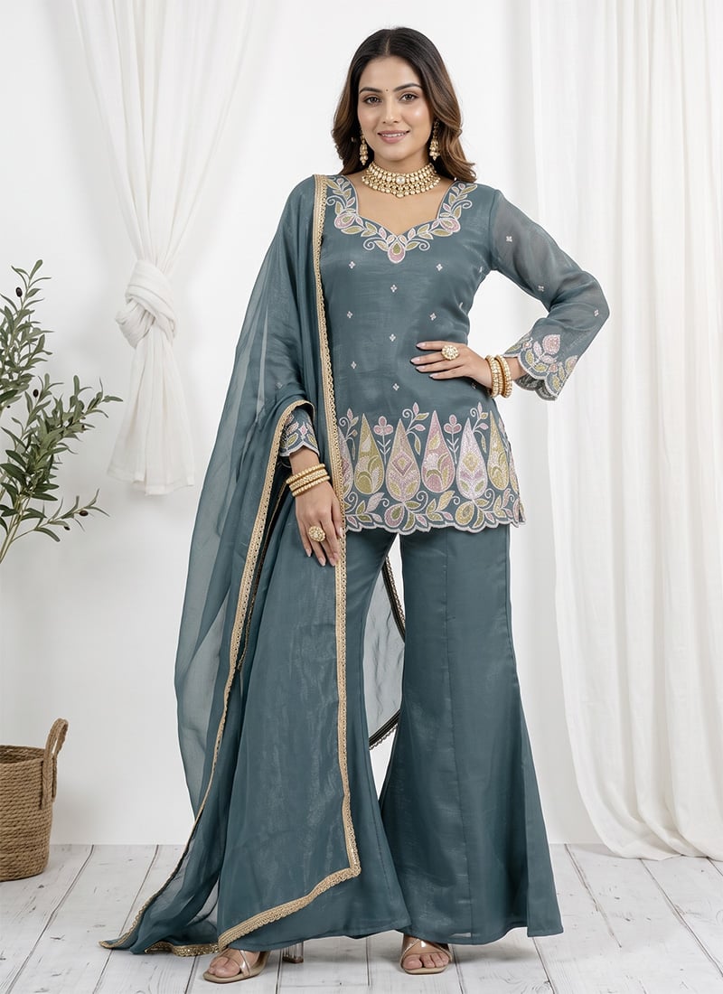 Rama Green Embroidered Zari Silk Palazzo Suit Festive Wear