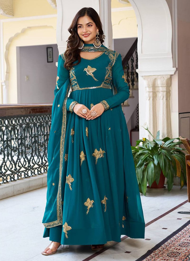 Rama Green Faux Georgette Sequins Embroidered Anarkali Suit Festive Wear