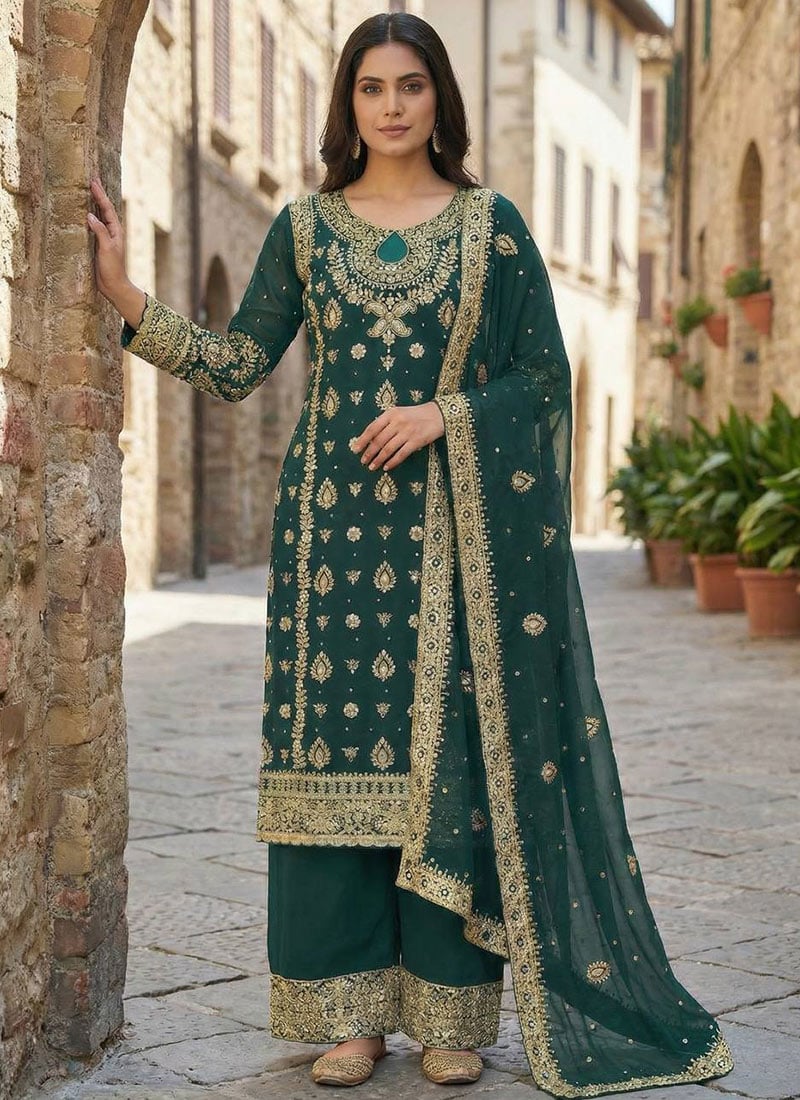 Rama Green Faux Georgette Sequins Embroidered Zari Palazzo Suit Festive Wear