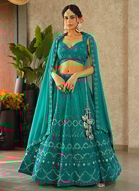 Rama Green Faux Georgette Zari Embroidered Sequins Classic Lehenga