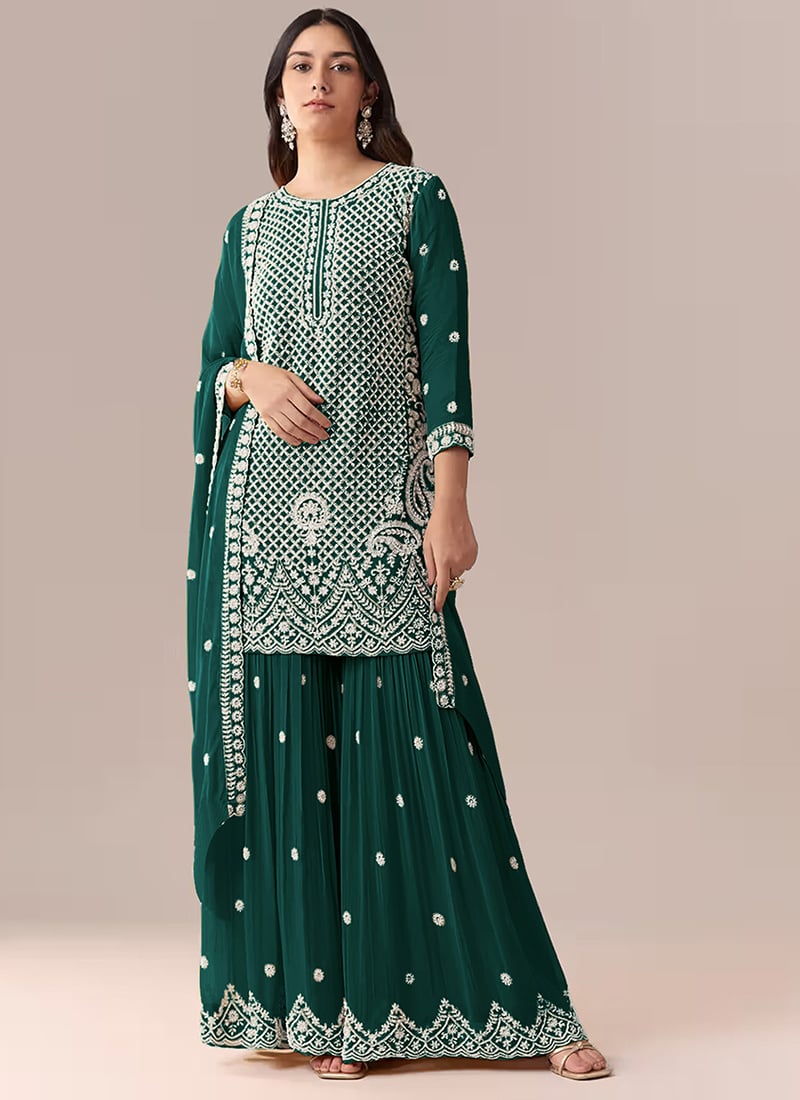 Rama Green Georgette Embroidered Sharara Suit Festive Wear