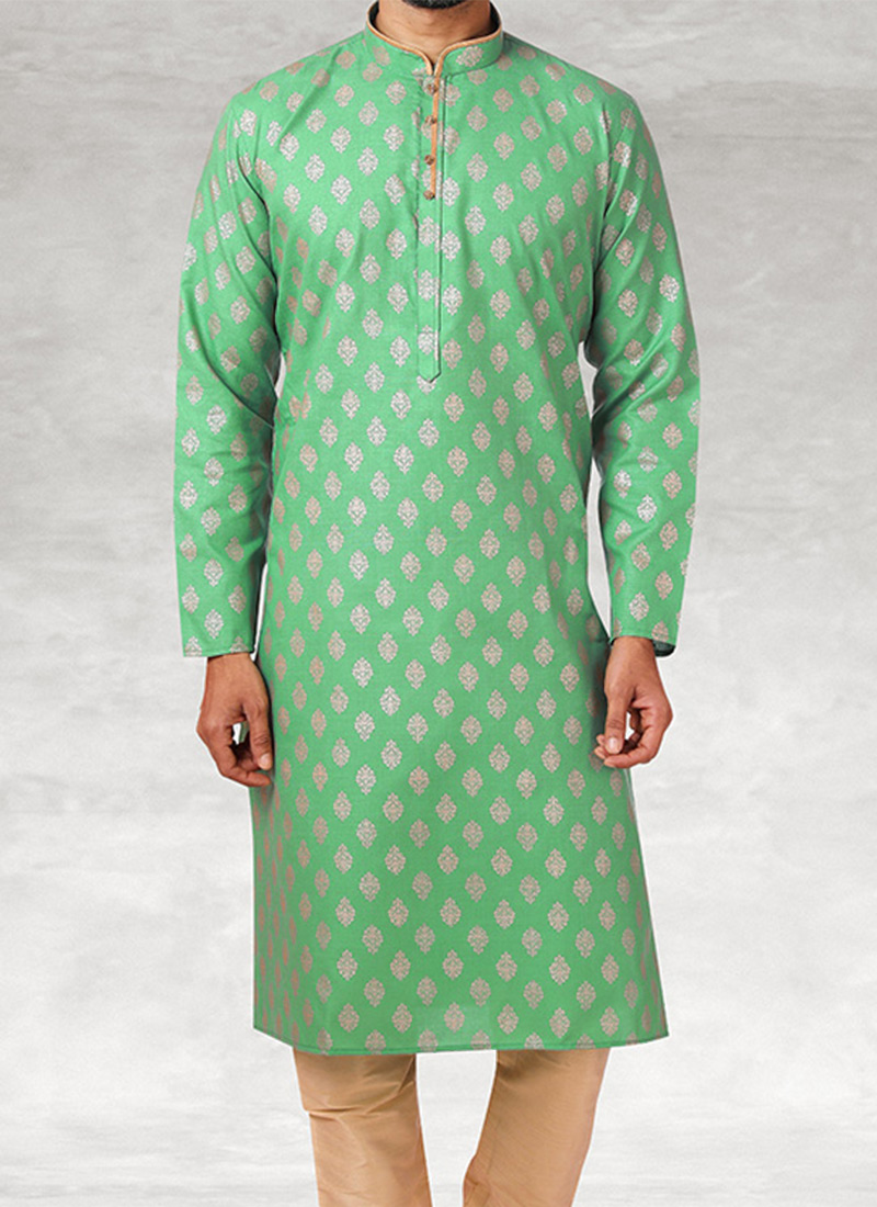 Rama Green Cotton Ethnic Motif Printed Kurta Set With Sequins & Thread Work