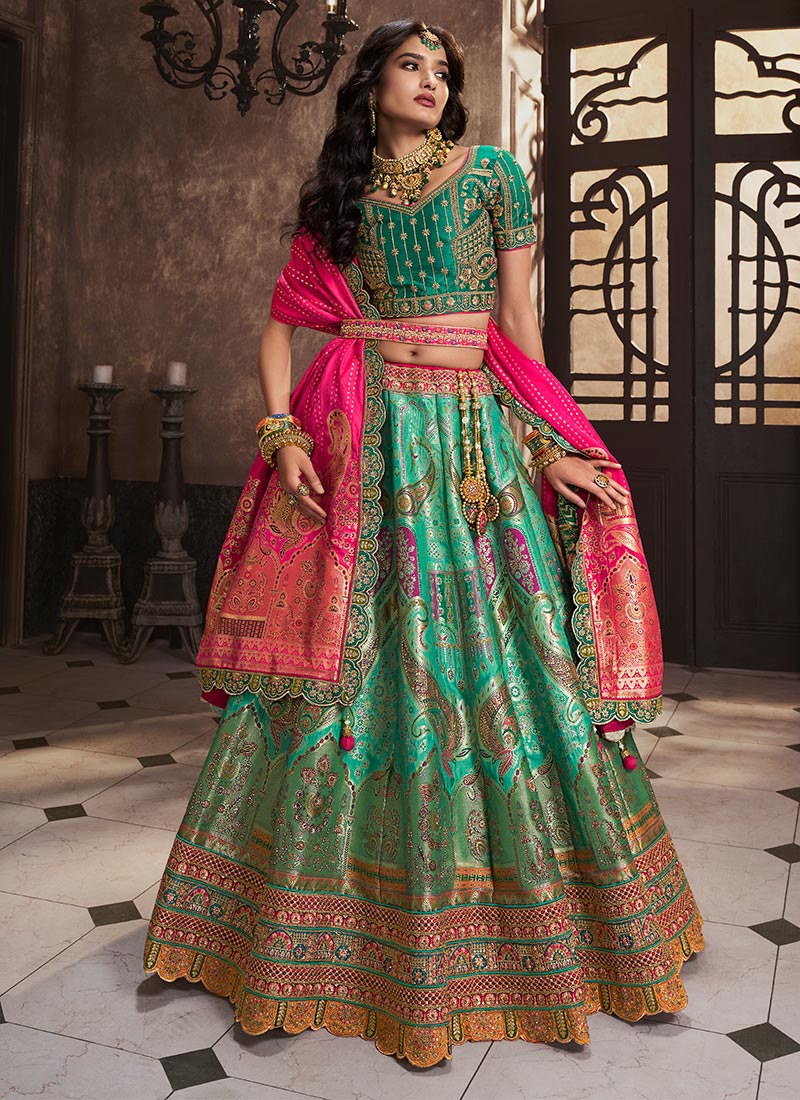 Teal Green & Magenta  Embroidered Banarasi Silk Lehenga Choli & Dupatta main image 0