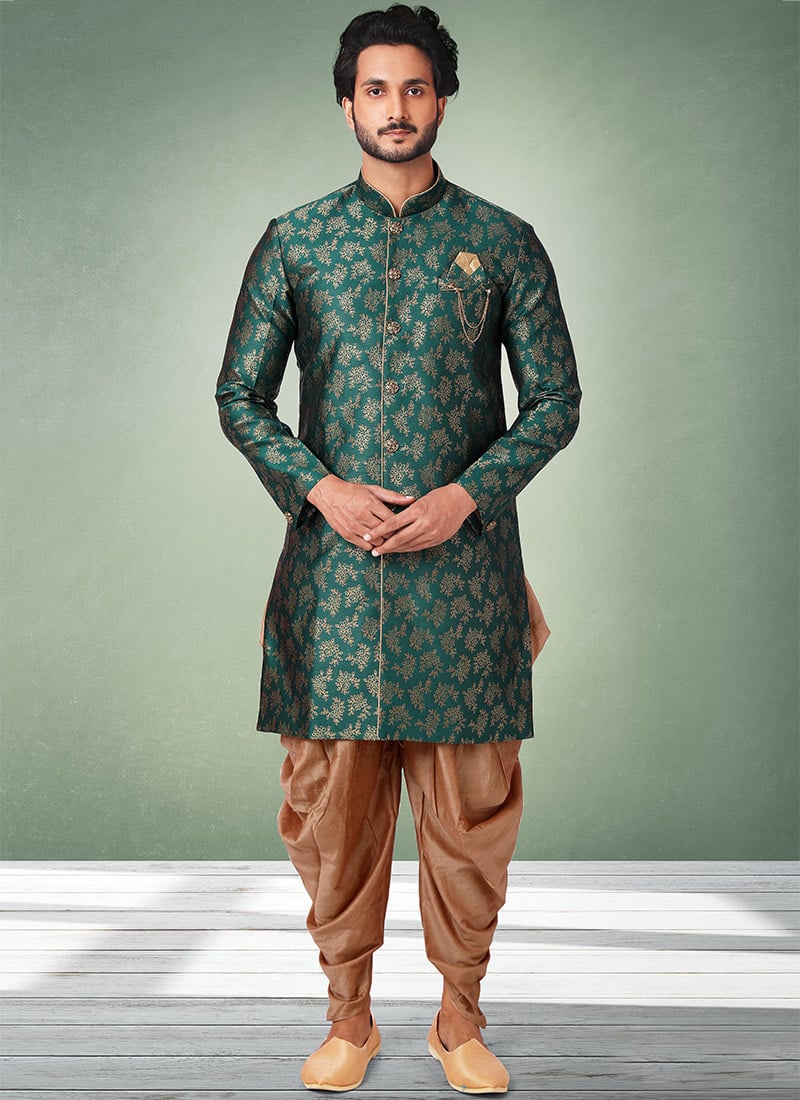 Rama Green Jacquard Silk Brocade Indowestern Sherwani Wedding Wear