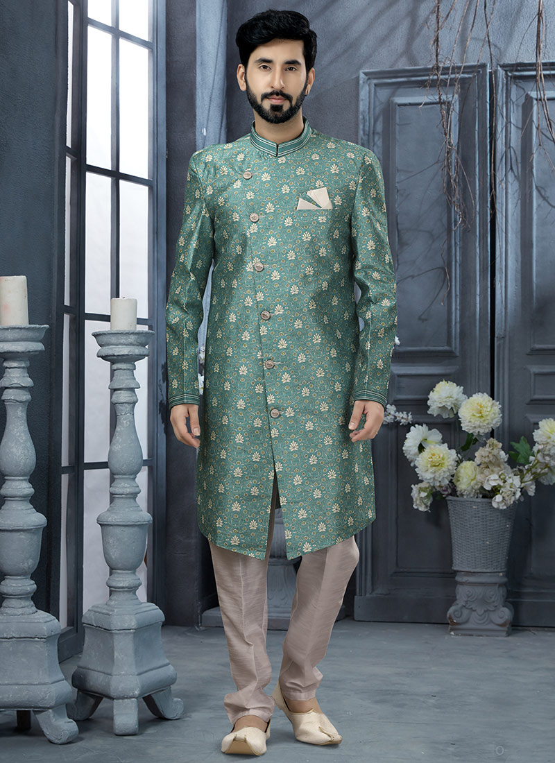 Rama Green Jacquard Silk Digital Printed Classic Sherwani