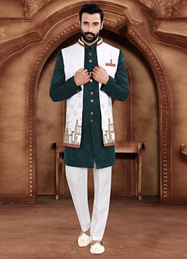 Rama Green Jacquard Silk Embroidered Sequins Indowestern Jacket Sherwani For Men