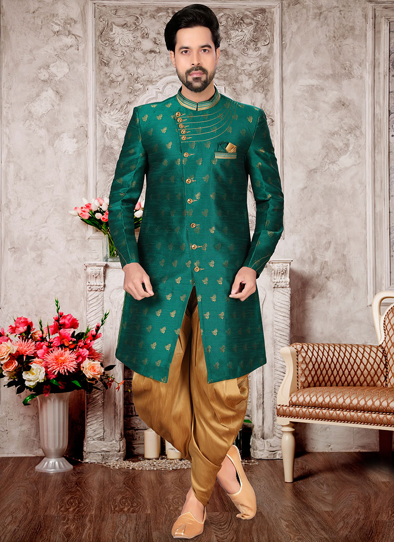 Rama Green Jacquard Silk Embroidery Classic Sherwani Wedding Wear