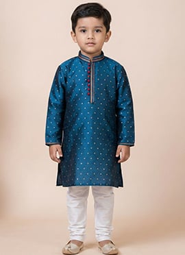 Rama Green Jacquard Silk Kids Boys Kurta Pyjama