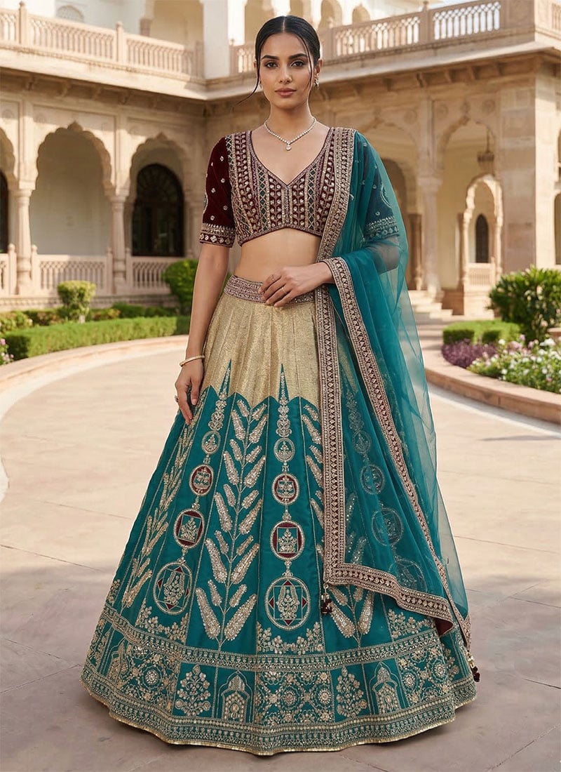 Rama Green Mulmul Silk Lehenga Wedding Wear