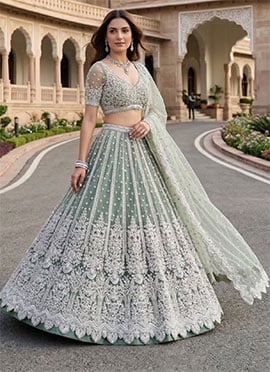 Rama Green Net Sequins Embroidered Zari Work Lehenga