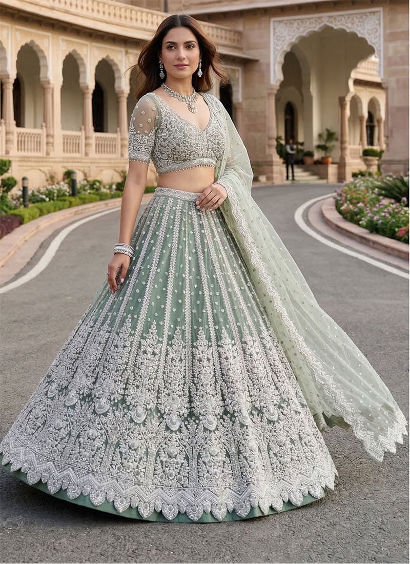 Rama Green Net Sequins Embroidered Zari Work Lehenga Wedding Wear