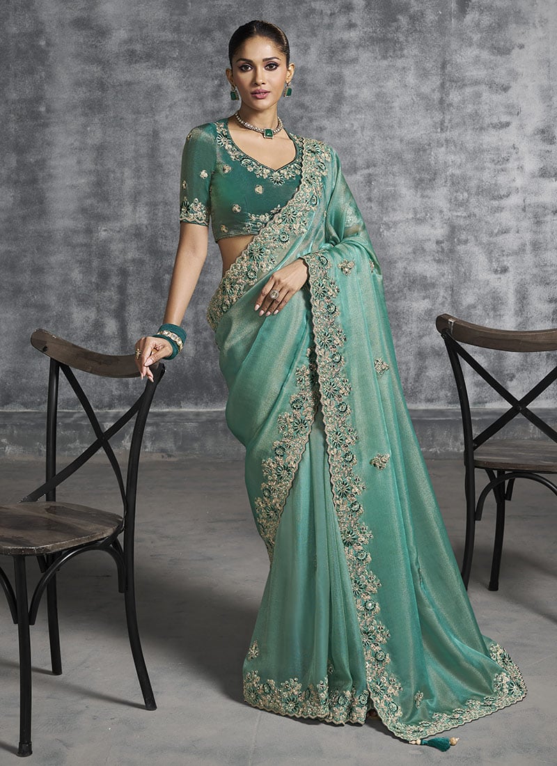 Rama Green Nylon Satin Silk Resham Sequins Embroidered Stones Beads Zari Saree Wedding Wear