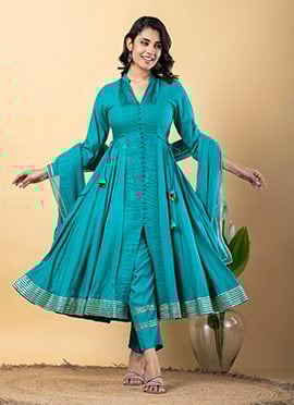 Rama Green Rayon Gota Lace Work Anarkali Suit