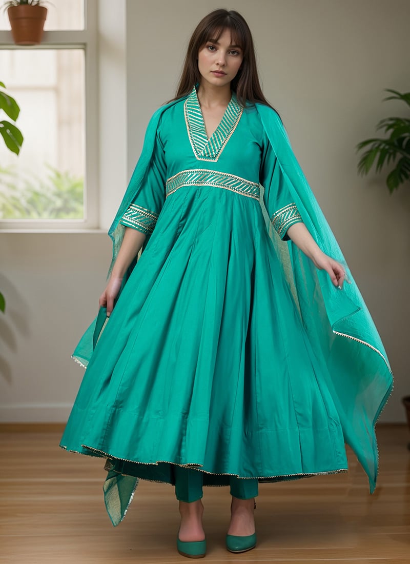 Rama Green Rayon Zari Gota Patti Anarkali Suit