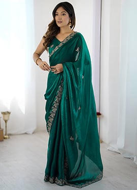Rama Green Satin Silk Embroidered Sequins Saree