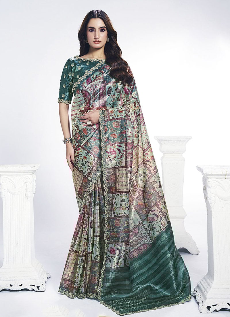 Rama Green Satin Silk Embroidery With Stone Saree