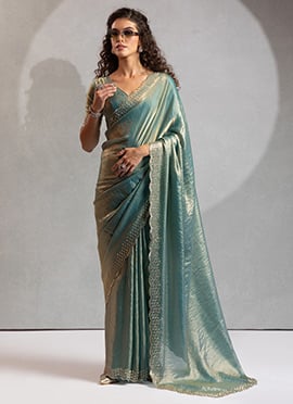 Rama Green Satin Silk Hand Embroidered Zari Saree Festive Wear
