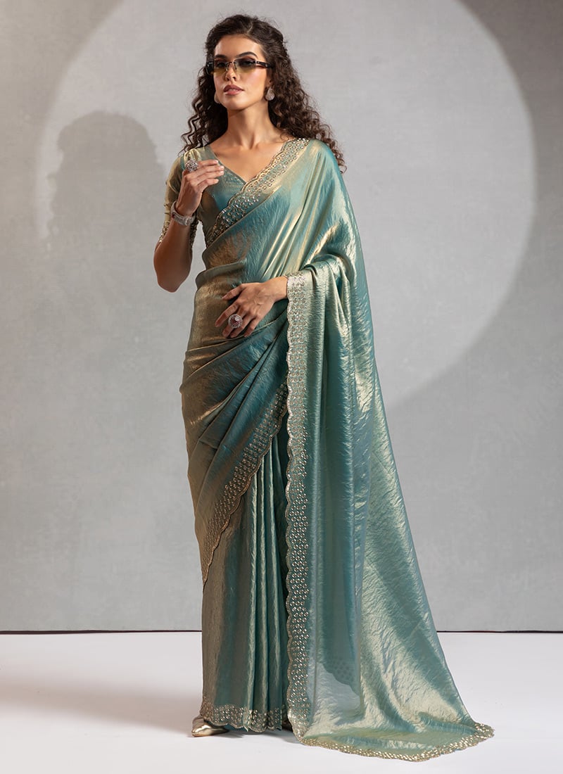 Rama Green Satin Silk Hand Embroidered Zari Saree Festive Wear