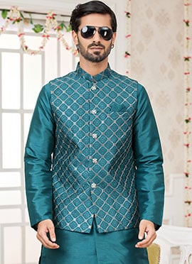 Rama Green Silk Embroidered Bandhgala jacket For Men