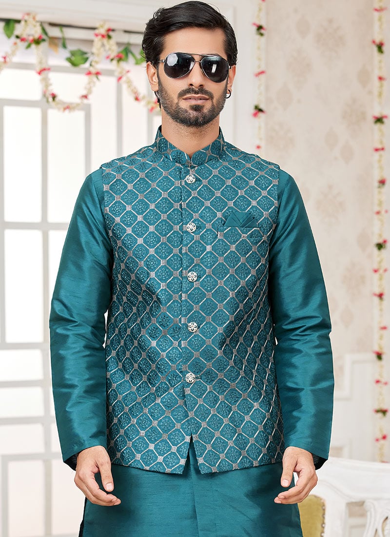 Rama Green Silk Embroidered Bandhgala jacket For Men