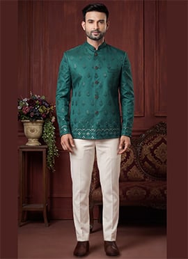 Rama Green Silk Embroidered Sequins Jodhpuri Suit For Men