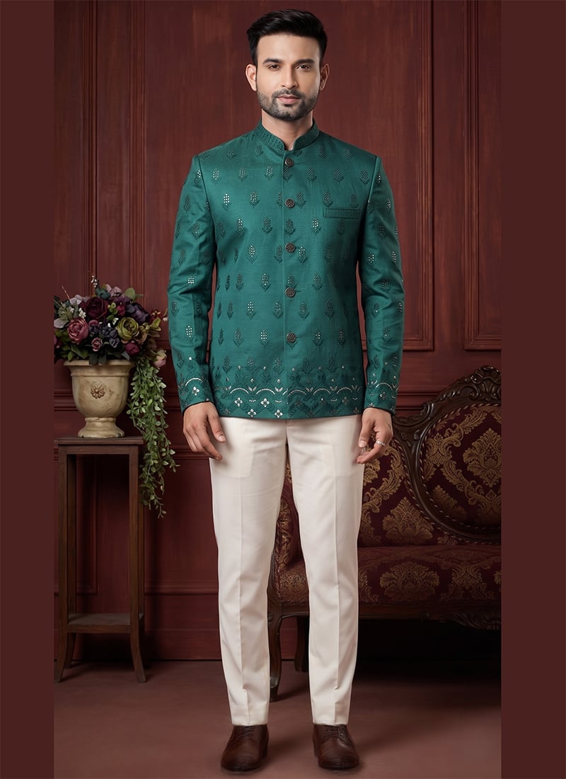 Rama Green Silk Embroidered Sequins Jodhpuri Suit For Men After Six Wear